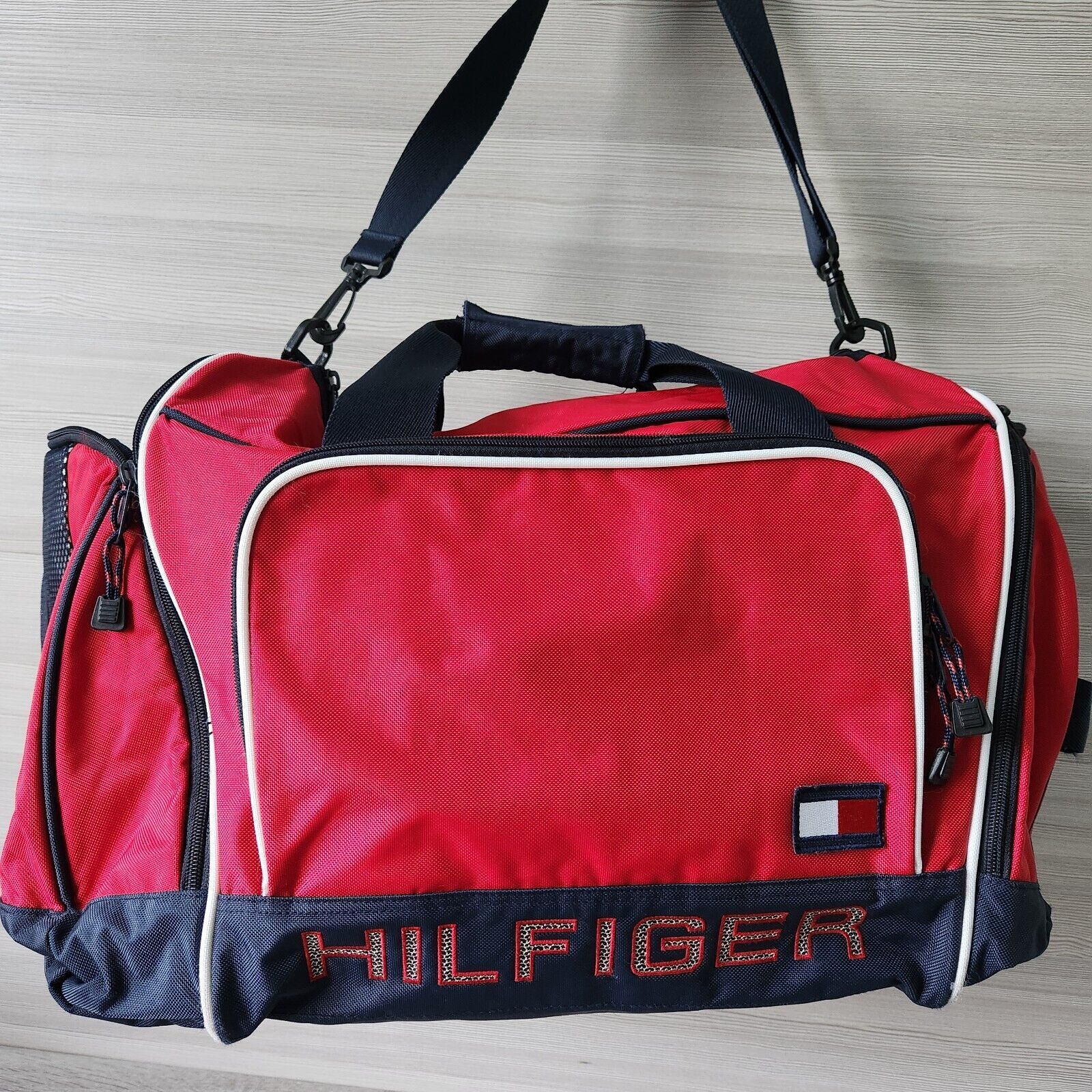 Primary image for Tommy Hilfiger Red Duffle Travel Sports Gym Bag Zip Adjustable Removable Strap