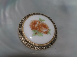 Vintage Painted Round White Porcelain Rusty Orange Rose Flowers in Goldtone Rim  - £7.70 GBP