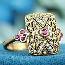 Natural Ruby and Diamond Square Filigree Ring in Solid 9K Yellow Gold - £719.42 GBP