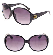 GUCCI 3623 Leather Shiny Black Gold Strass Gold Oval Sunglasses GG3623NKS - £186.53 GBP
