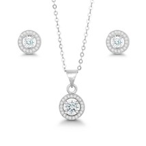 Sterling Silver Round Pendant and Earrings Set w/Chain - White CZ - £52.69 GBP