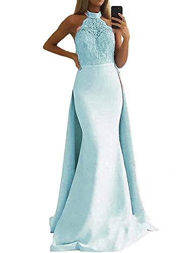 Plus Size Beaded Lace Mermaid Long Prom Dress with Detachable Train Sky Blue 16W