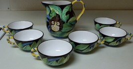 Grazia Deruta Italian Pottery Susan Eslick Pitcher w 6 Cups Monkey Leave Signed - £249.02 GBP