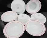 7 Corning Comcor Tableware Classic Red Cereal Bowls Set Vintage White Di... - $36.60