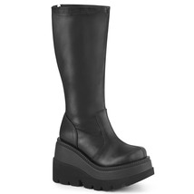 DEMONIA SHAKER-65WC Women&#39;s Wedge Platform Wide Calf Black Knee High Boots - £78.62 GBP