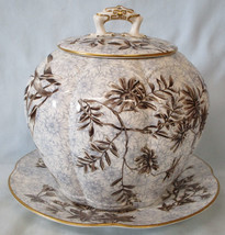 Royal Worcester Biscuit Jar w/Plate Ribber Mellow Blue Brown Floral 1889 - £175.13 GBP