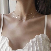 18K Gold Plated Moon Star Charm Necklace Layering Chain Choker for Women - £8.81 GBP