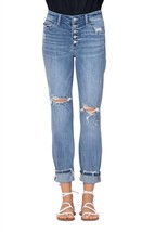 Judy Blue button fly destroyed boyfriend high-waist jean in Blue - size 24W - £27.38 GBP