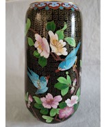 Vintage Chinese Cloisonne Vase Enamel Flowers and Birds Black Gold Backg... - $60.31