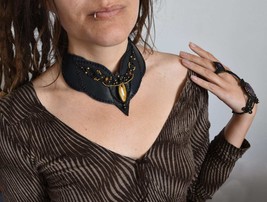 Black leather necklace, macrame statement colar, goth style jewelry - $80.00