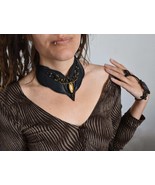 Black leather necklace, macrame statement colar, goth style jewelry - $109.41 CAD