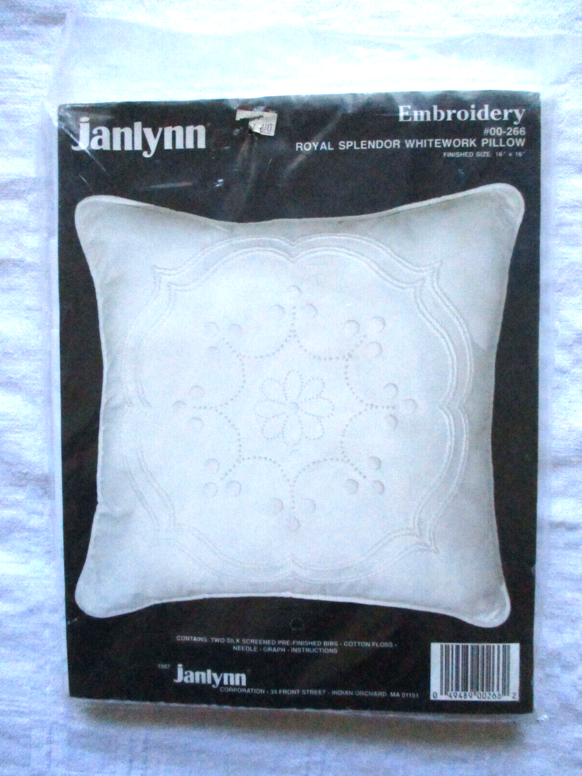 1987 Janlynn Embroidery Pillow Kit Royal Splendor Whitework 16" Vintage NEW - $17.10