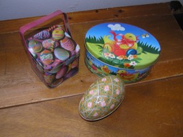 Lot of 3 Easter Eggs Square Mini Lunch Box with Handle &amp; Oval Yellow Chick Tin  - £7.58 GBP