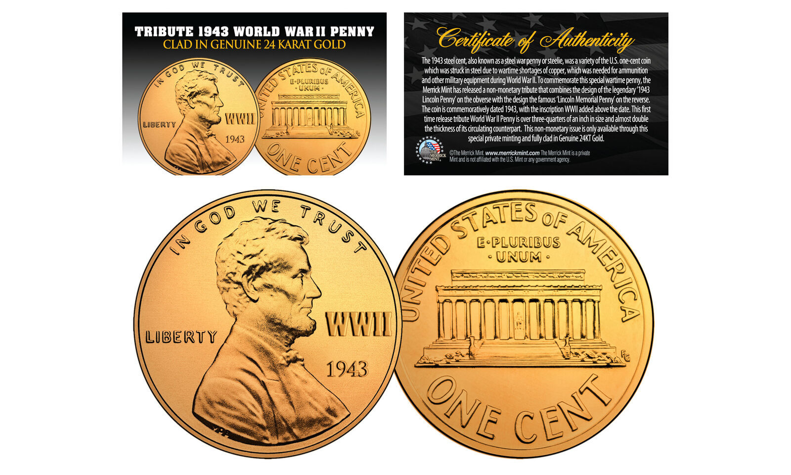 1943 TRIBUTE Steelie WWII Steel PENNY Coin Clad in Genuine 24K GOLD - Lot of 3 - $9.46