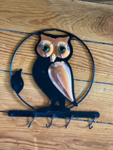 Copper Craft marked Black Metal &amp; Copper OWL w Green Plastic Eyes Wall P... - $13.09