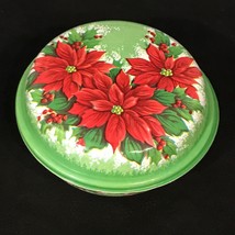Vintage Christmas Cookie Container Plastic Tin Poinsettia Green Red Made in USA - £6.18 GBP