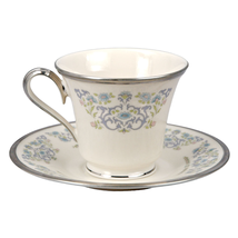 Lenox Desire Footed Teacup Saucer Porcelain Floral Scrolls Platinum Trim 1978 - $18.80