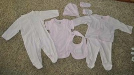 Girls Layette 7 Pc Baby Bodysuit Pants Top Sleeper Bib Hat Socks Pink-6/9 months - £13.53 GBP