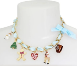 Betsey Johnson Christmas Bling Charm Bib Necklace Gold / Blue - £71.77 GBP