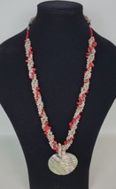 Vtg Coral &amp; Shell Necklace w. Abalone Pendant 28&quot; - £15.58 GBP