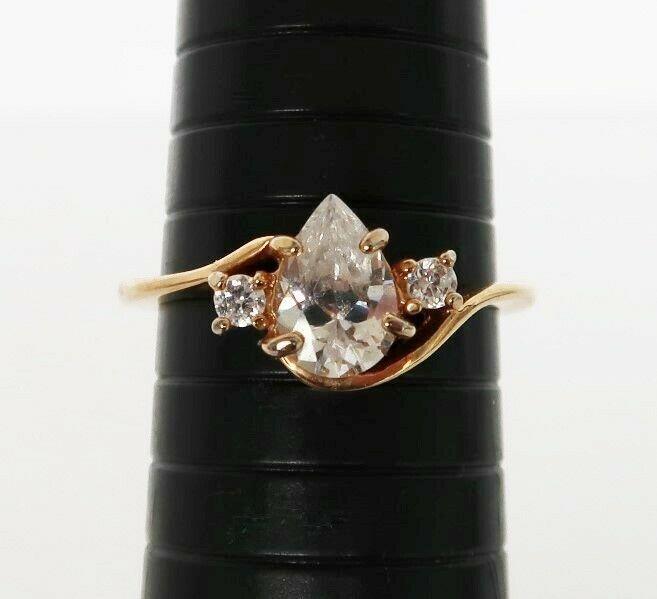 Vintage gold tone clear teardrop rhinestone ring with smaller rhinestone... - $14.99