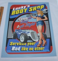 Lucky&#39;s Body Shop Pin-up Girl Tin Sign Services Your Rod Car Garage or Man Cave - £9.59 GBP