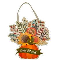 Primitives by Kathy Wooden Hanging Sign Happy Fall Ya&#39;ll Autumn Flowers NWT - £9.32 GBP