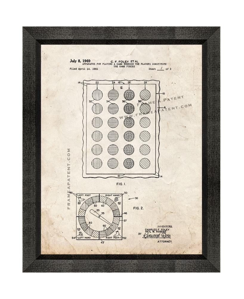 Twister Game Patent Print Old Look with Beveled Wood Frame
