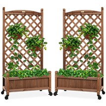 Planter Box Set of 2 Wood Lattice Trellis Wheels Outdoor Garden Raised Bed Patio - £119.30 GBP