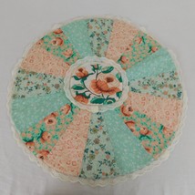 Table Topper Handcrafted Round Quilted Lace 18&quot; Green Orange Floral Spring FLAW - £7.77 GBP