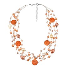 Vibrant Orange Tones Pearl and Zebra Pattern Seashells Multi-Strand Necklace - £19.38 GBP