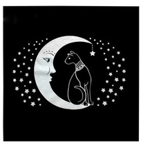 Tarot Cloth Moon Egyptian Cat &amp; Stars White on Black Polyester 19&quot; Square for Re - £11.22 GBP
