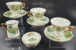 9 Pc Ucagco Flower Of The Month December Holly Vintage Lustreware Dishes MCM Lot - £62.06 GBP