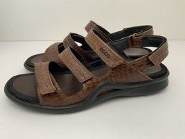 ECCO Light Sandals Women EU 42 Brown Leather 3 Strap Croc Textured Excellent - £35.00 GBP
