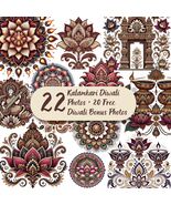 22 Kalamkari Diwali Clipart Set | Indian Folk Art Lotus, Diya, Mandala &amp;... - $1.75