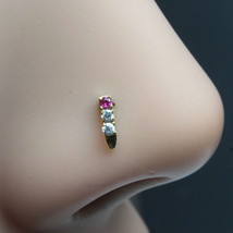 Vertical Gold Plated Indian nose Stud, Pink White CZ corkscrew piercing nose pin - £10.53 GBP