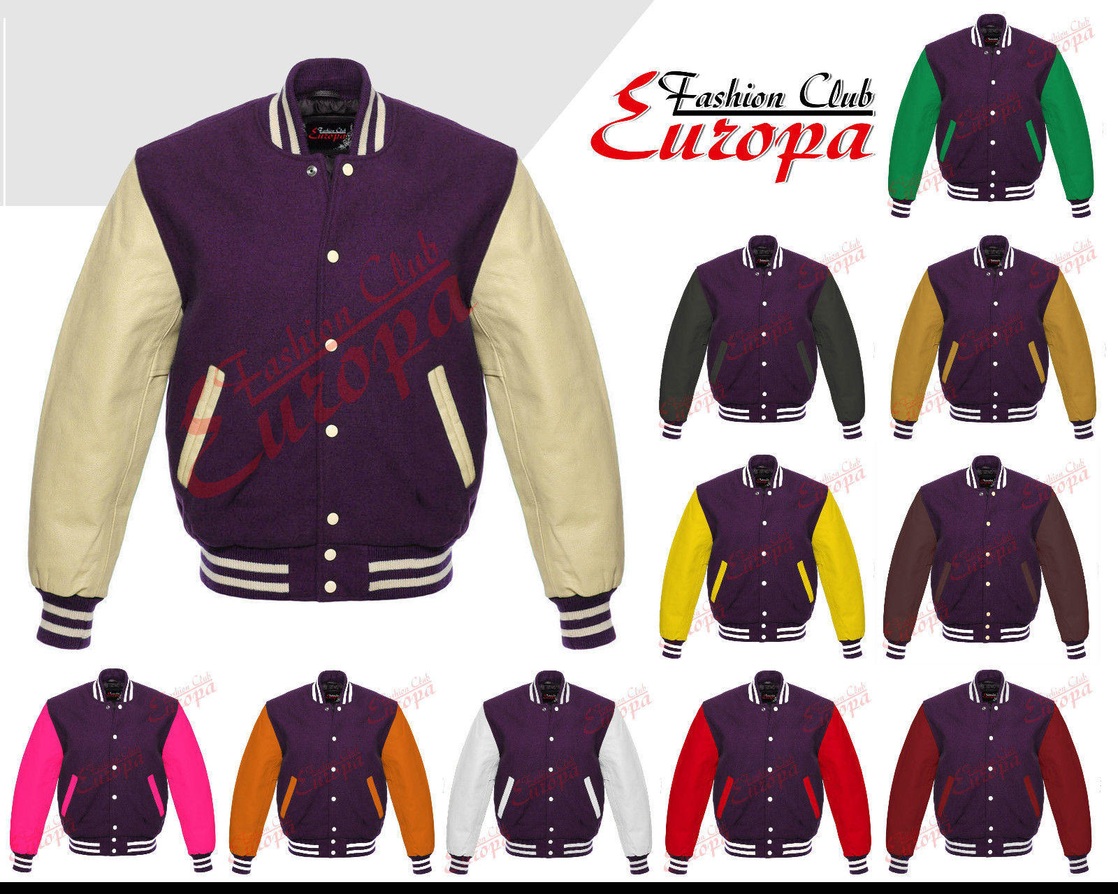 Purple Varsity  Letterman Wool Jacket with  Real Leather Sleeves XS-4XL