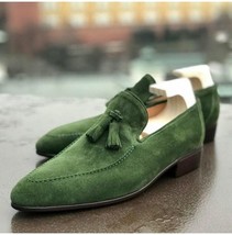 Men Stylish Green Suede Moccasin Dress Shoes With Tassels, Slip on Shoes - £127.07 GBP
