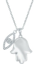 Hamsa Hand of Fatima and Evil Eye CZ Pendants Sterling Silver Chain Necklace - £48.55 GBP