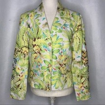 Coldwater Creek Floral Embroidered Blazer M Petite Linen Blend Buttons Beaded - £29.29 GBP
