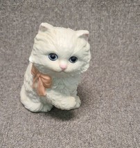 Vintage Homco Persian Kitten Cat Figurine White W Pink Bow Figure #1428 - £4.80 GBP