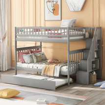Full over Full Bunk Bed with Trundle and Staircase,Gray  - £678.98 GBP