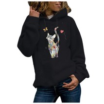 Cute Cat Printed Sweatshirt Ladies Funny Long Sleeve Hoodies Casual Drawstring C - £54.51 GBP
