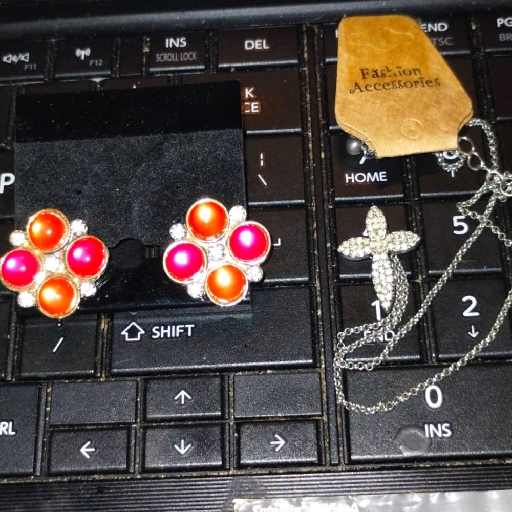 Vintage jewelry lot/clip-on earrings and beautiful Silver Cross with rhi... - $27.72