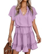 Womens V Neck Chiffon Mini Dress Short Sleeve Ruffle Summer Flowy Skirt - $27.42 CAD