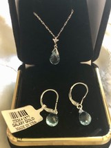 14K White Gold Blue Topaz Necklace Pendant Earring Set - £395.68 GBP