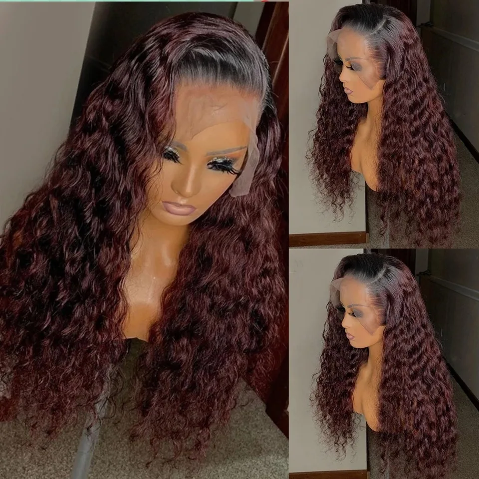 99j Burgundy Lace Front Human Hair Wigs Colored Ombre Deep Wave Lace Front W - £101.69 GBP+