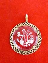 Vintage &quot;Crown&quot; Trifari Etched Glass Pendant Goldtone &quot;Girl Picking Flowers&quot; - £16.67 GBP