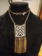 Lucky Brand Necklace Long Beaded Fringe Chest Plate Gold Black White Boho  - $28.71