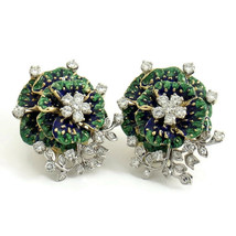 Authenticity Guarantee 
Vintage 1950&#39;s Blue Green Enamel Diamond Flower Earri... - £4,715.84 GBP